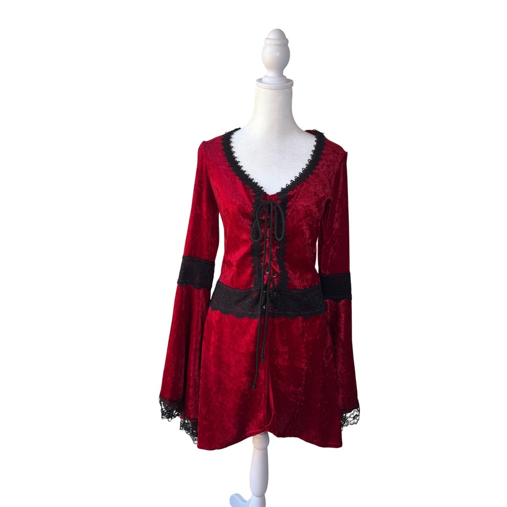 Vintage Y2K 90s Lip Service Corset Bell Sleeve Lace up Crushed Velvet Top Goth L - Picture 2 of 8